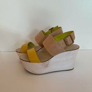 BCBG leather + wood platform heels